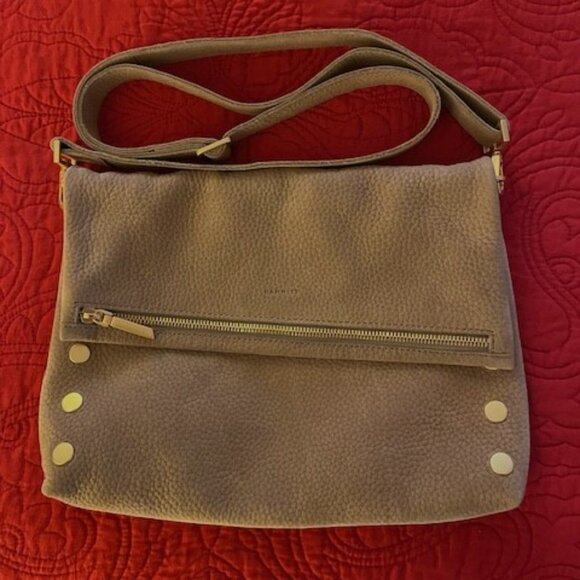 Hammitt VIP Large Fold-Over Leather Crossbody Clutch - Grey/Taupe Gold Hardware - Picture 1 of 2